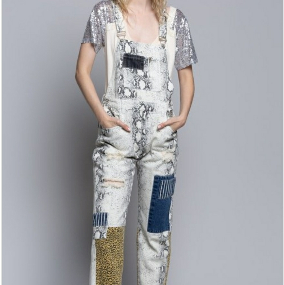 Snakeskin Print Denim Overalls